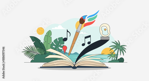 An evocative flat design illustration symbolizing creativity and inspiration, drawing on the artistic spirit of the Coconut Grove Arts Festival. This 2D vector represents innovative thought and artist