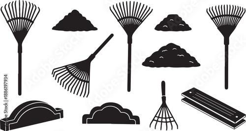 Collection of rakes and piles of dirt silhouette icons