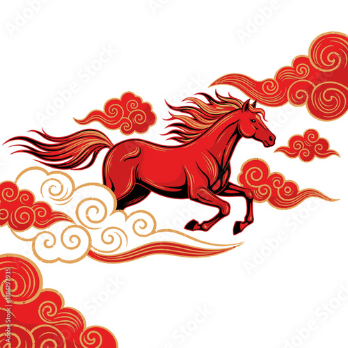 Red Horse Running with Flowing Mane.