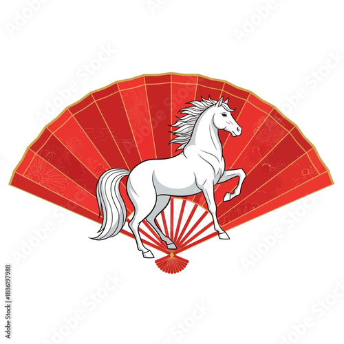White Horse on Red Fan.