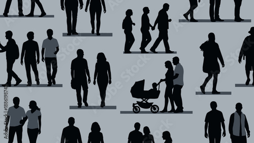 Silhouettes of people walking in various groups and pairs.