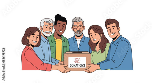 Diverse group of people holding a donation box.