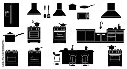 Kitchen appliances and furniture silhouette collection.