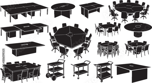 Office Furniture Set with Tables and Chairs Illustration