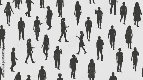 Diverse Crowd Silhouettes Seamless Pattern Background.