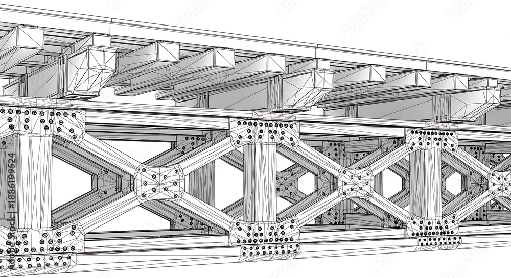 Fototapeta premium Detailed wireframe rendering of a robust steel truss bridge, showcasing intricate architectural engineering and structural design elements with precision