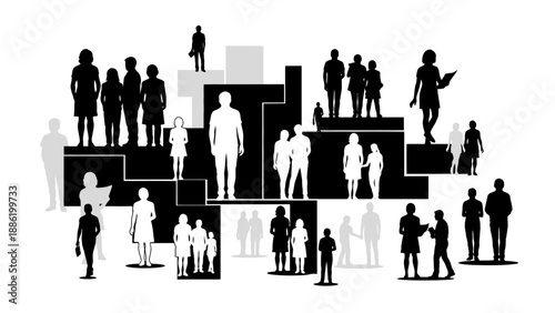 Diverse Group of People Silhouettes Standing on Abstract Geometric Shapes.