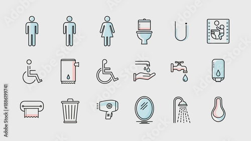 Collection of bathroom and restroom icons and symbols.