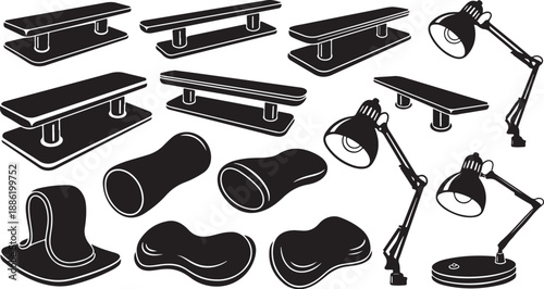 Collection of desk lamps and skateboard ramps illustrations