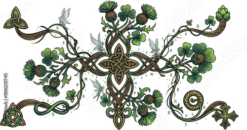 Intricate Celtic knotwork design with thistles, shamrocks, vines, and small birds, forming a decorative, nature-inspired illustration.