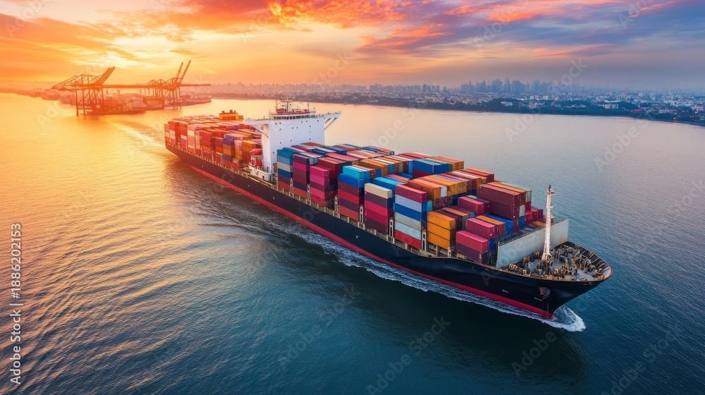 Naklejka premium Global supply chain disruptions affect shipping operations at ports worldwide during sunset hours