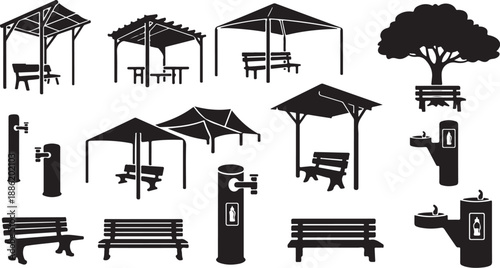 Park and outdoor furniture icons set in black silhouette style