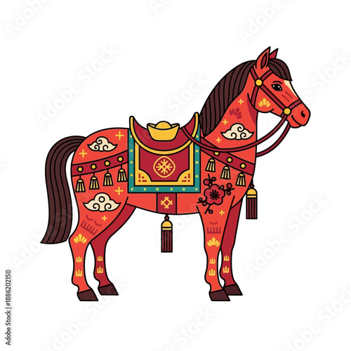 Decorated Horse with Saddle and Harness.