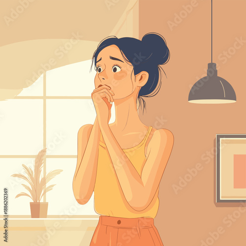 Vector illustration of a woman biting her nails nervously indoors, anxiety related bad habit and stress behavior concept in clean flat vector style , vector style simple color