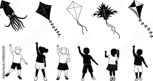 Black and white silhouettes of diverse happy children playing with kites, group of kids having fun outdoors, childhood leisure, and summer activity