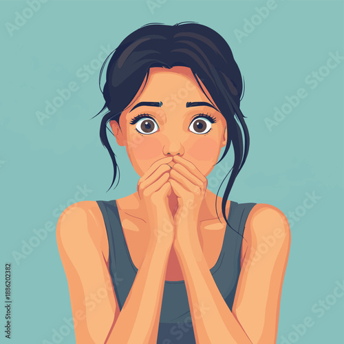 Vector illustration of a woman biting her nails nervously indoors, anxiety related bad habit and stress behavior concept in clean flat vector style , vector style simple color