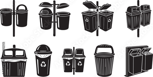 Various Trash Cans and Recycling Bins in Black Illustrations