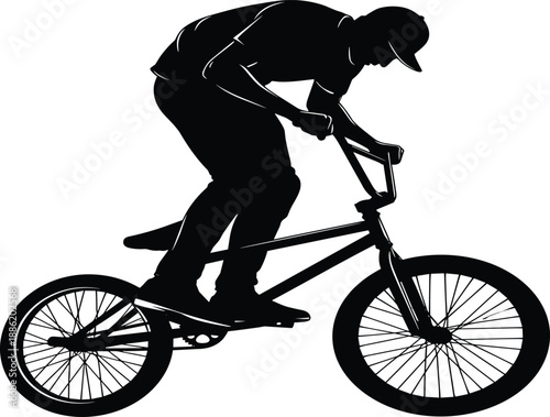 Professional BMX rider silhouette performing stunt on bicycle, extreme sports athlete in cap riding bike, isolated vector illustration for urban cycling, action, and competition,