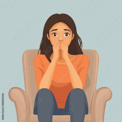 Vector illustration of a woman biting her nails nervously indoors, anxiety related bad habit and stress behavior concept in clean flat vector style , vector style simple color