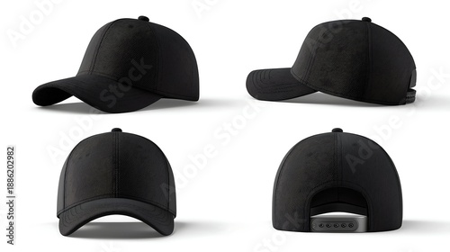 Black baseball cap mockup template with front, back, and side views isolated on a white background