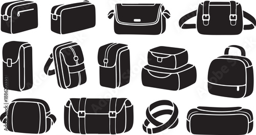 Collection of various black bags and luggage icons isolated