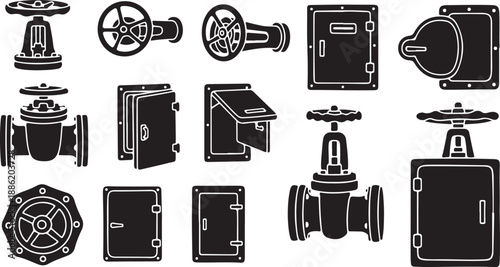 Industrial Valve and Pipe Symbols in Black and White