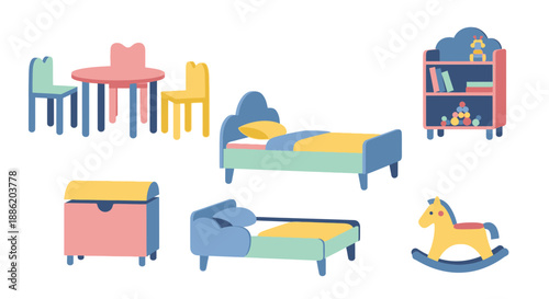 Children's Room Furniture Set: Bed, Table, Chair, Bookshelf, Toy Chest