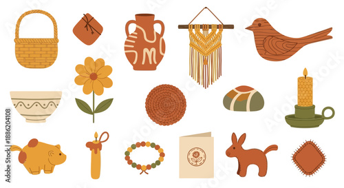 Boho Decor Elements: Basket, Vase, Macrame, Bird, Flower, Candle