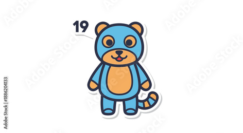 Cute cartoon bear with number 19, playful, illustration