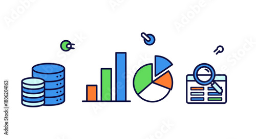 Data analysis icons: database, bar chart, pie chart, reporting