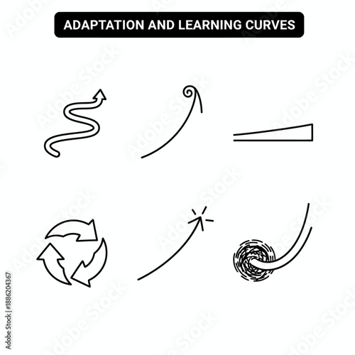 Vector illustration of various adaptation and learning curve concepts depicted by different arrow and line icons on a white background.