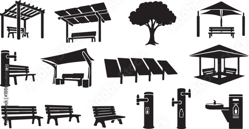 Park and garden icons and silhouettes in black color
