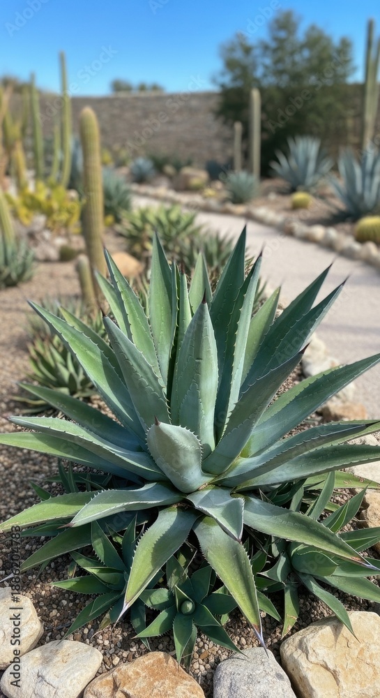 Fototapeta premium Agave plant in a desert garden with pathway.