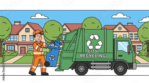 A sanitation worker in an orange uniform empties a blue recycling bin into a green city recycling truck on a residential street.