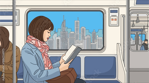 A woman reading a book on a subway train with a city skyline visible through the window.