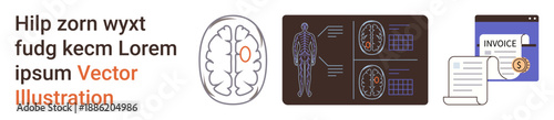 Brain research, anatomy, healthcare, finance management, billing systems, medical data. Human brain, body scan invoice. Brain research and anatomy concepts visually