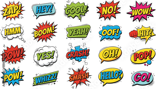 Comic book speech bubble and sound effect illustration set with zap, wow, boom, yes and crash text, colorful pop art typography, retro flat vector style
