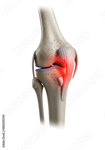 hyper-detailed 3d cgi macro shot of the human knee joint showing the femur, tibia, and patella; the inflamed patellar tendon is bright red against a transparent clinical background, scientific