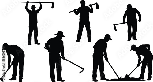 Manual labor worker silhouettes with hoes and tools, farmers and construction workers performing digging tasks, black human figures isolated on white background