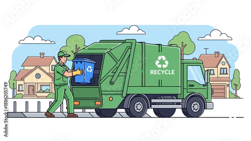 A garbage collector loading a blue recycling bin into a green recycling truck in a residential neighborhood.