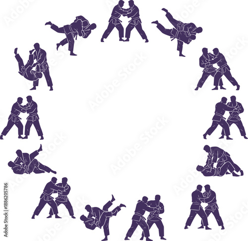 Martial Arts Fighting Silhouette Circle Showing Judo and Grappling Techniques, Combat Sports Training, Self Defense and Competition Action Illustration Set
