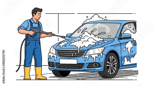 An illustration of a man in blue overalls washing a blue car with a pressure washer, covered in soap suds.