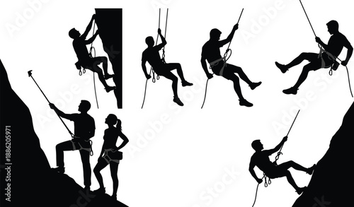Rock climbing and rappelling silhouette vector set showing climbers descending and ascending with ropes, extreme sport adventure poses isolated on white background