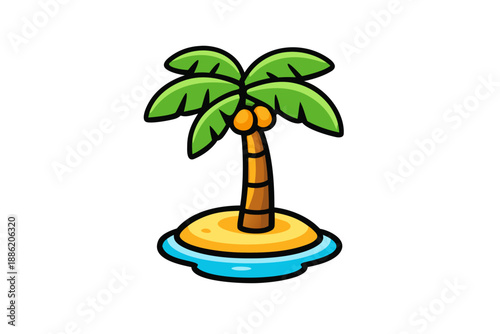Serene Cartoon Island with Palm Tree Surrounded by Calm Waters