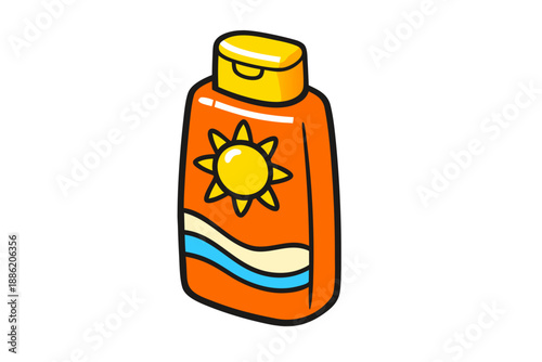 Vibrant Orange Sunscreen Bottle with Sun Icon on Beachy Background