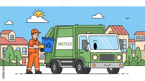 A cartoon illustration depicting a sanitation worker collecting a blue recycling bin and emptying it into a green garbage truck in a suburban neighborhood.