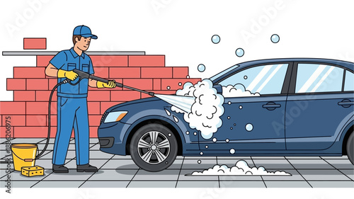 Man in blue uniform washing a blue car with a pressure washer, creating soap suds and bubbles.