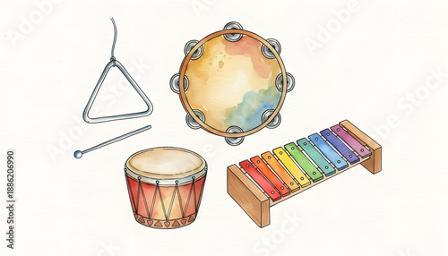 A cheerful watercolor illustration of a vibrant collection of musical percussion instruments, perfect for children's early education and joyful sound exploration