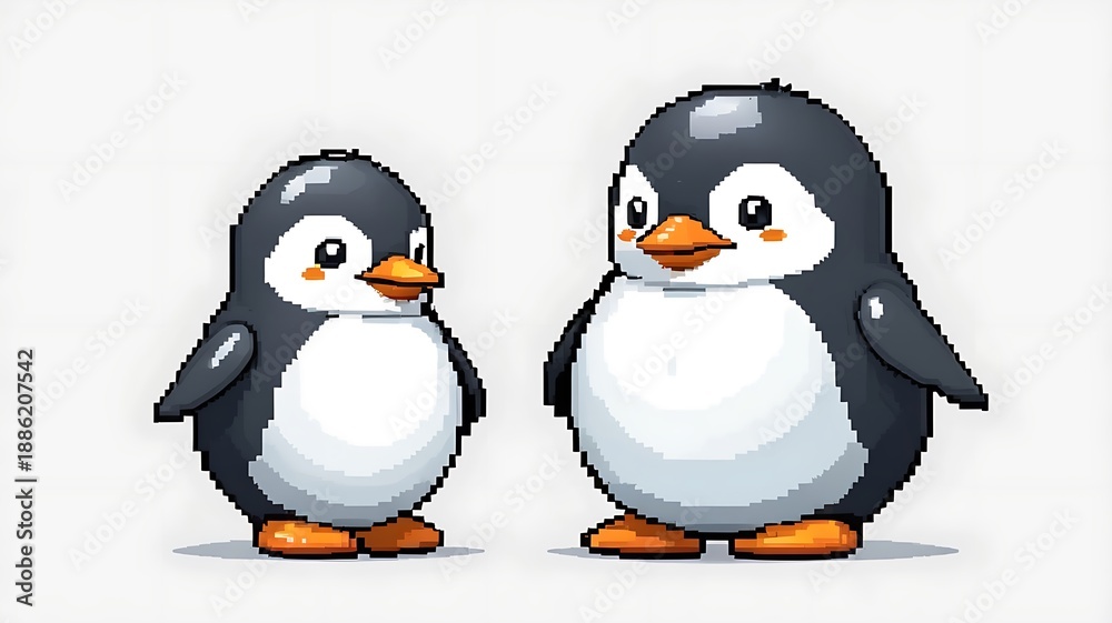 Fototapeta premium Chubby penguin in pixel art, 2D 8-bit sprite, white background