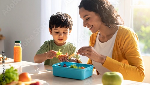 Nourishing Moments: A heartwarming scene captures a mother and child sharing a nutritious meal, embodying the essence of healthy eating and familial bonding.